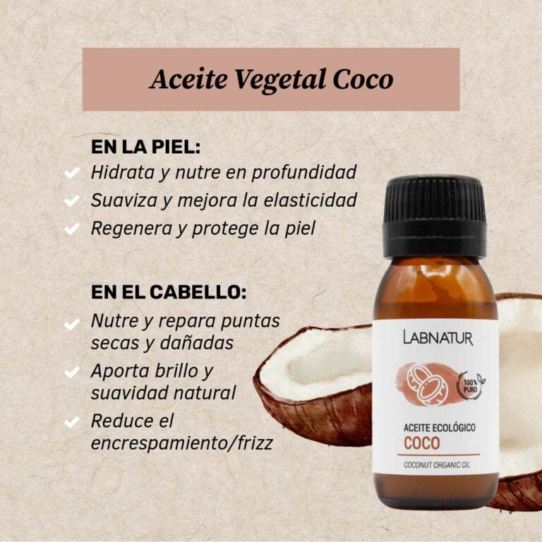 Beneficios del Aceite Vegetal Coco Labnatur para hidratar la piel, mejorar elasticidad, nutrir cabello y reducir el encrespamiento.