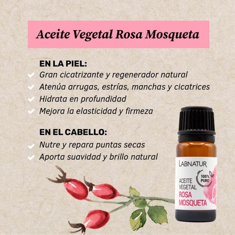 Beneficios del Aceite Vegetal Rosa Mosqueta Labnatur para hidratar la piel, mejorar elasticidad y nutrir el cabello.
