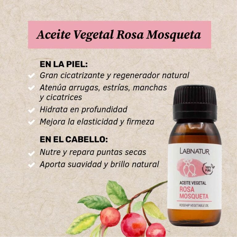 Beneficios del Aceite Vegetal Rosa Mosqueta Labnatur 50ml para hidratar la piel, mejorar elasticidad, nutrir el cabello y cuidar marcas visibles.