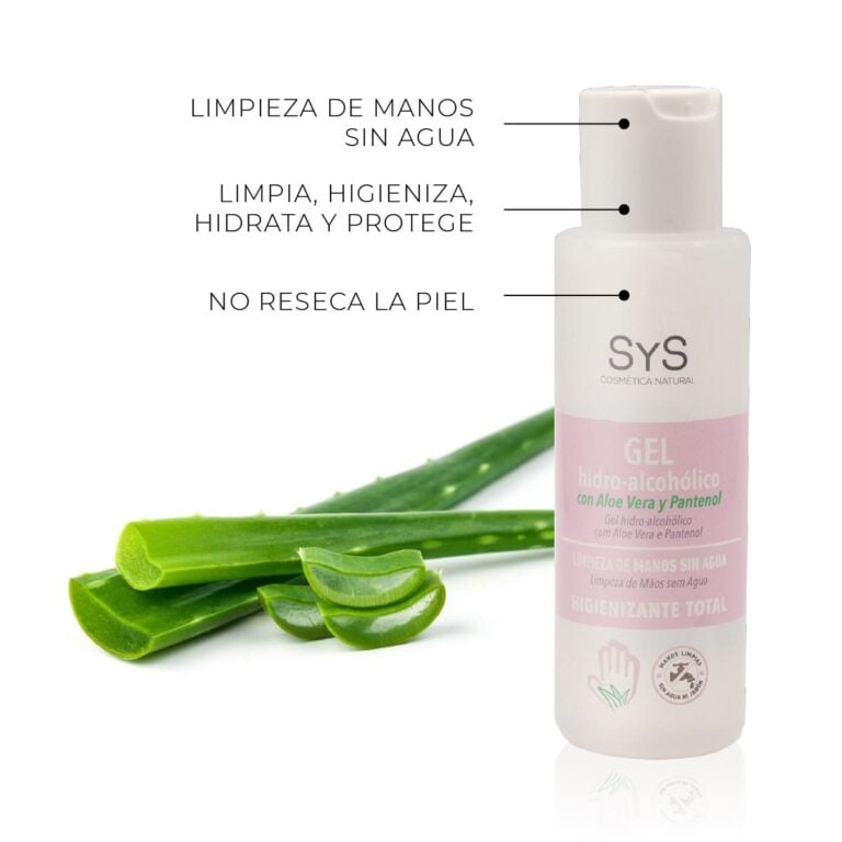 Gel hidroalcohólico Aloe Vera 100ml SYS con beneficios de limpieza, hidratación y cuidado de las manos.
