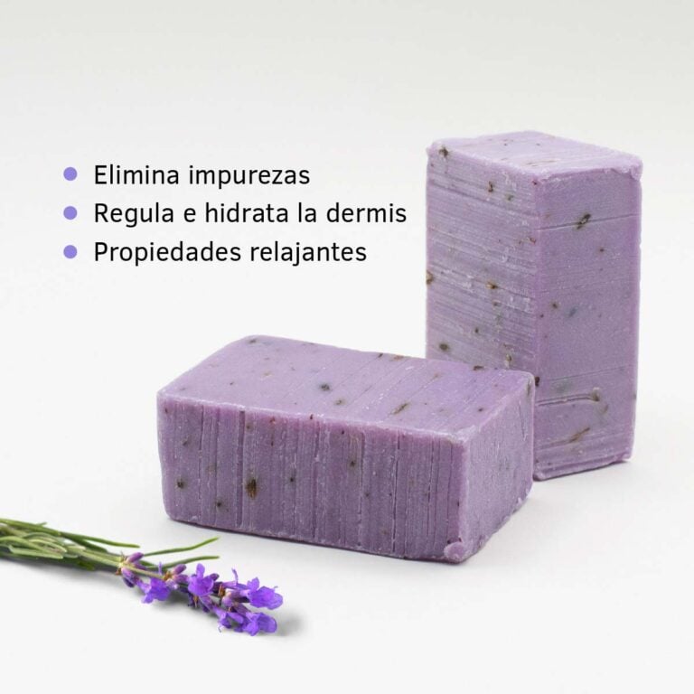 Dos pastillas de Jabón Natural Lavanda 100g Labnatur con flores de lavanda e información sobre sus beneficios