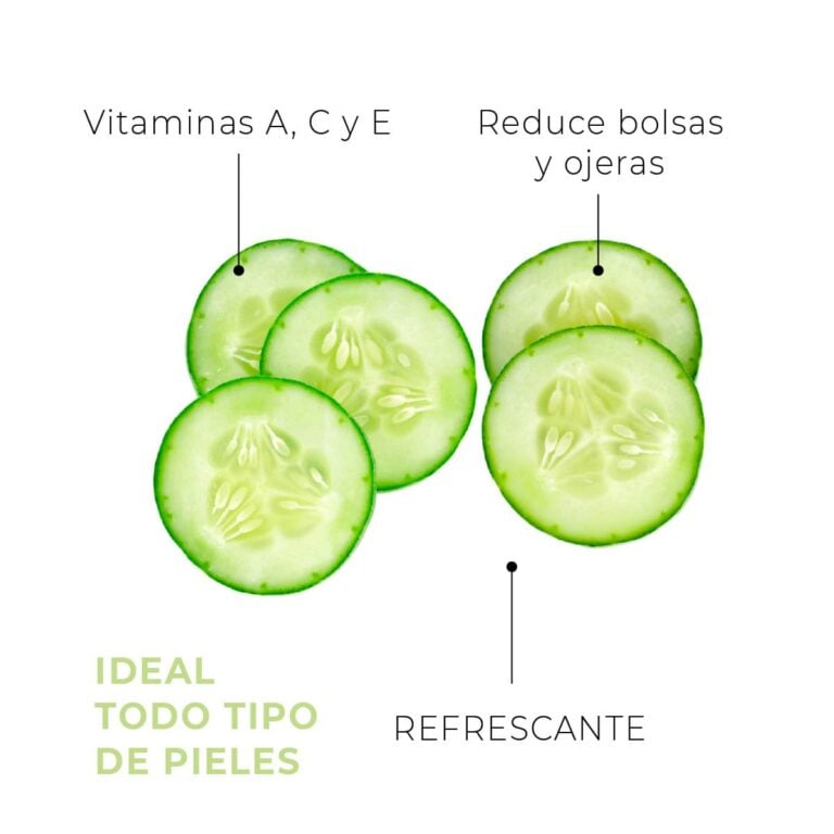 : Rodajas de pepino con vitaminas A, C y E y beneficios refrescantes para todo tipo de pieles.