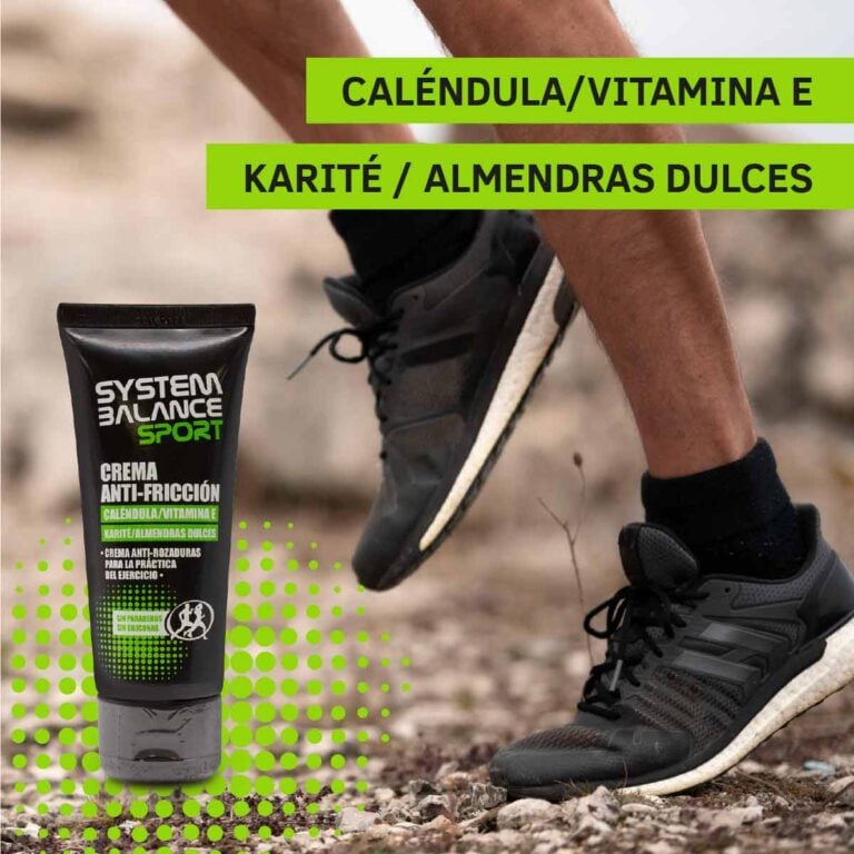 Crema Anti-Fricción System Balance Sport con caléndula, vitamina E, karité y almendras dulces para la práctica del ejercicio.