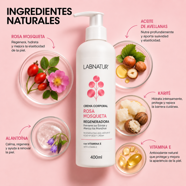 ngredientes naturales de la Crema Corporal Rosa Mosqueta 400ml Labnatur con rosa mosqueta, aceite de avellanas, karité, alantoína y vitamina E.