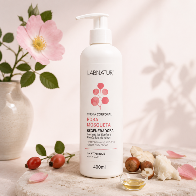 Crema Corporal Rosa Mosqueta 400ml Labnatur con flores de rosa mosqueta, aceite, karité y avellanas.