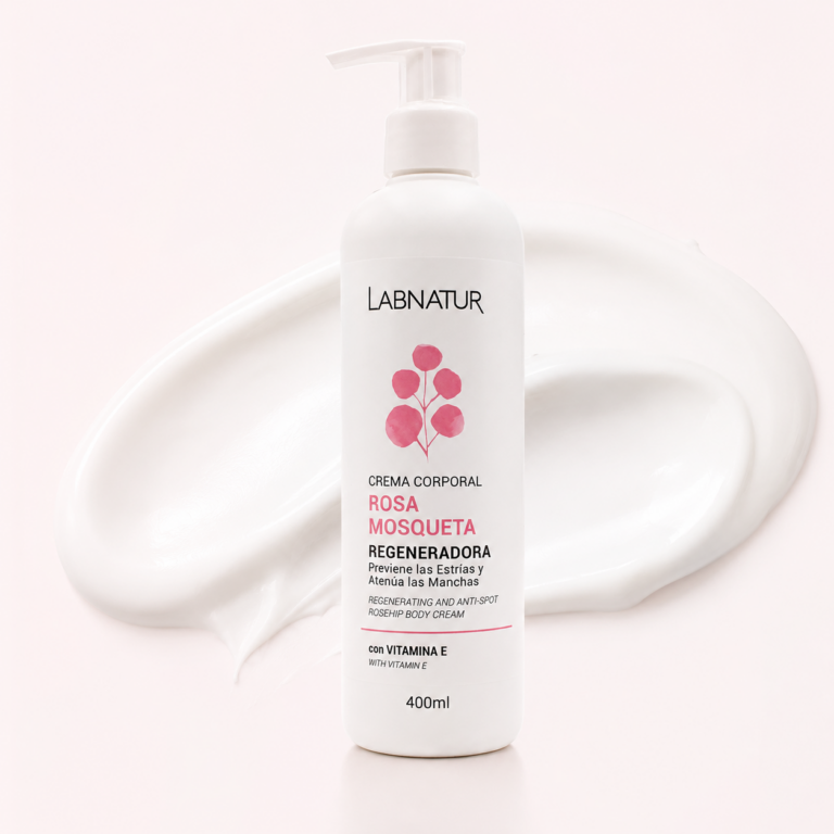 Crema Corporal Rosa Mosqueta 400ml Labnatur con textura cremosa blanca, ligera y de rápida absorción.