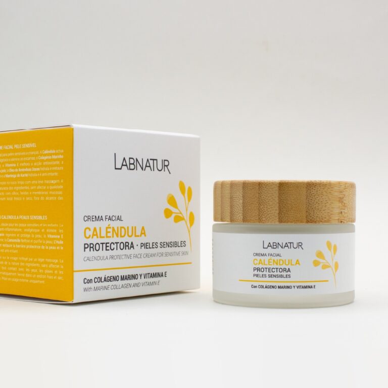 Crema Facial Caléndula 50ml Labnatur junto a su estuche blanco y amarillo