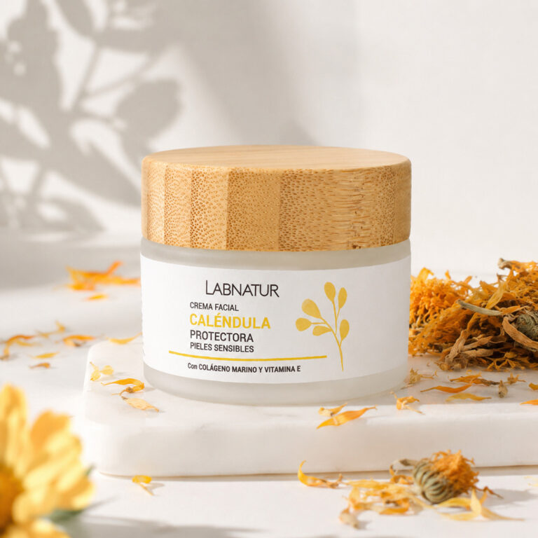 Crema Facial Caléndula 50ml Labnatur sobre una base blanca junto a flores secas y pétalos de caléndula
