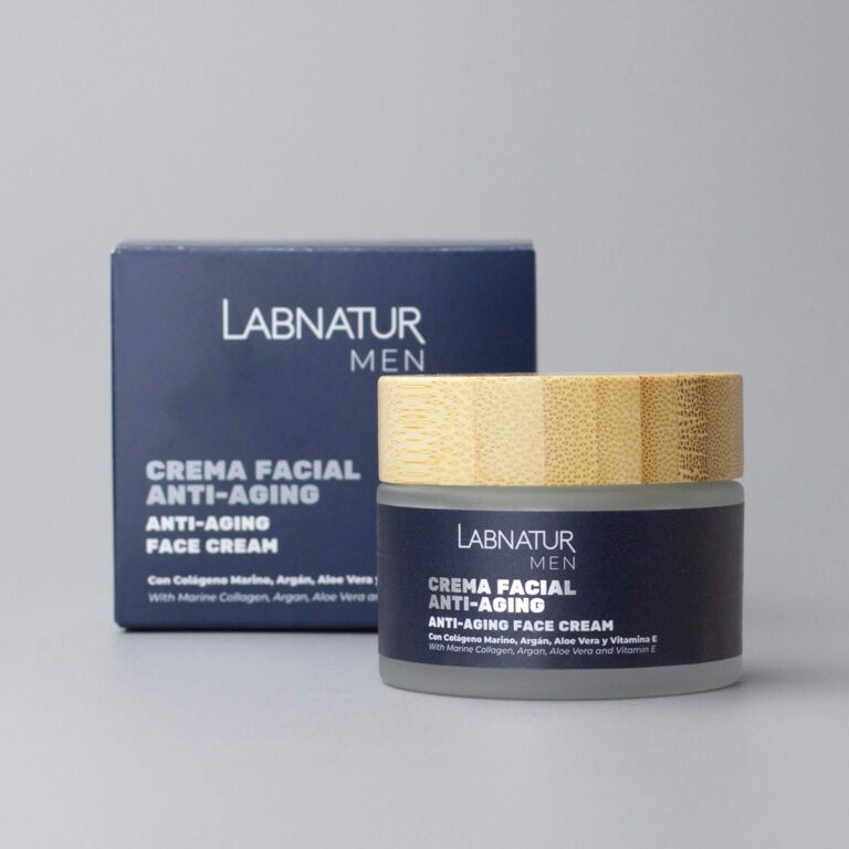 Tarro de crema facial anti-aging Hombre Labnatur 50ml junto a su estuche.