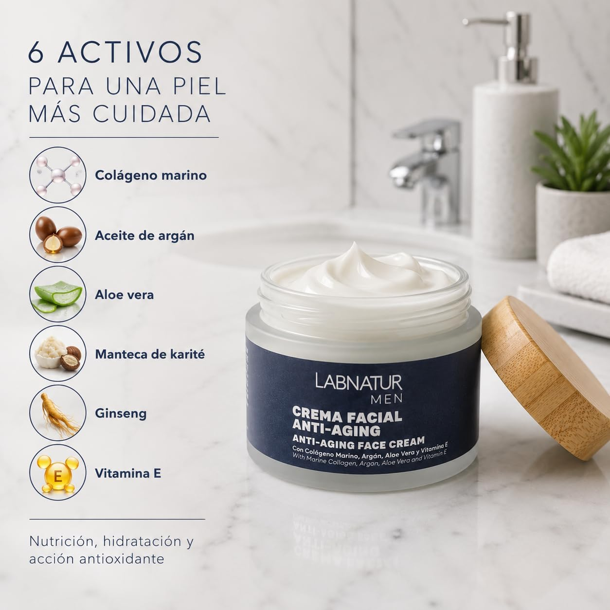 Ingredientes de la Crema Facial Hombre 50 ml Labnatur con colágeno marino, argán, aloe vera, manteca de karité, ginseng y vitamina E.