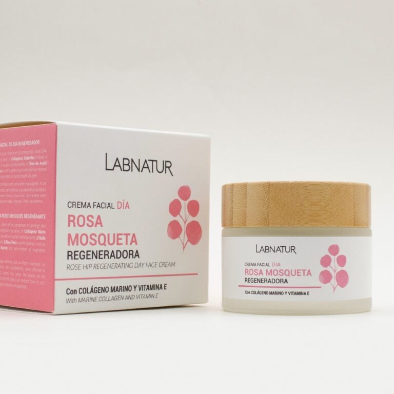 Tarro de Crema Facial Rosa Mosqueta 50ml Labnatur junto a su estuche blanco y rosa