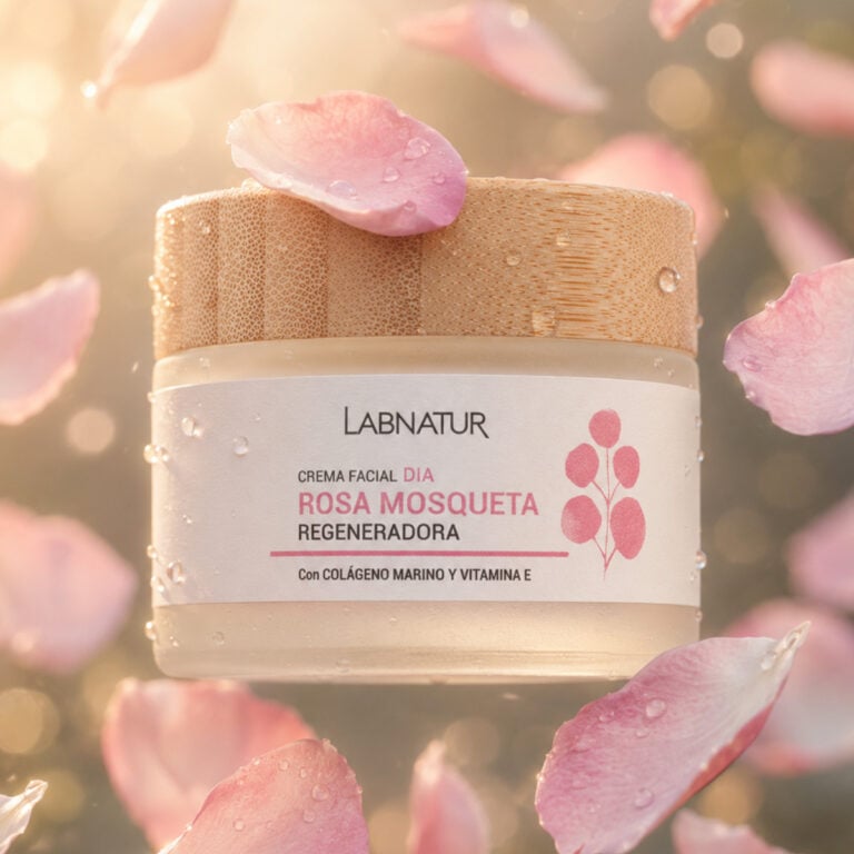 Crema Facial Rosa Mosqueta 50ml Labnatur en posición frontal, rodeada de pétalos rosas con gotas de agua