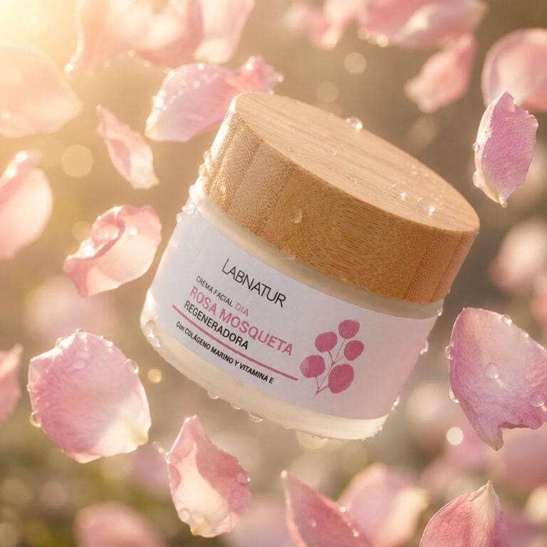 Tarro inclinado de Crema Facial Rosa Mosqueta 50ml Labnatur entre pétalos rosas con gotas de agua