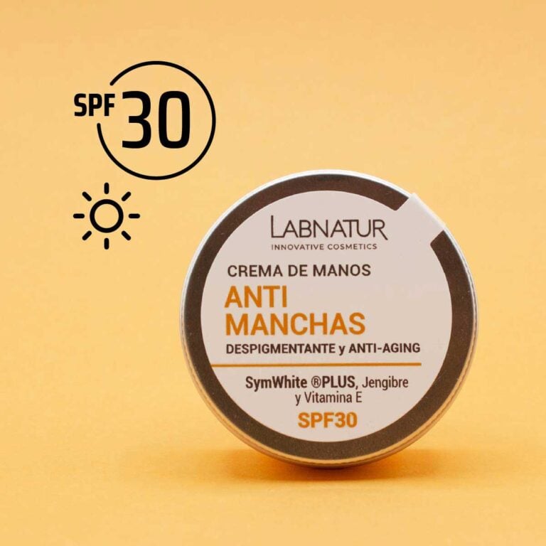 Crema de Manos Anti Manchas Labnatur SPF30 sobre fondo amarillo con icono de protección solar.