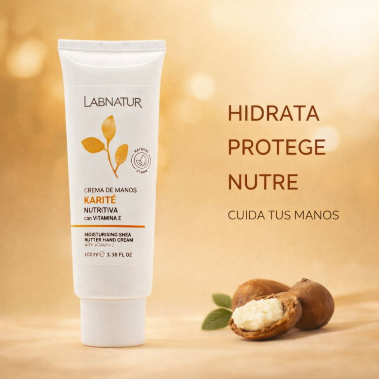 Crema de Manos Manteca de Karité 100ml Labnatur junto a frutos de karité y los mensajes hidrata, protege y nutre