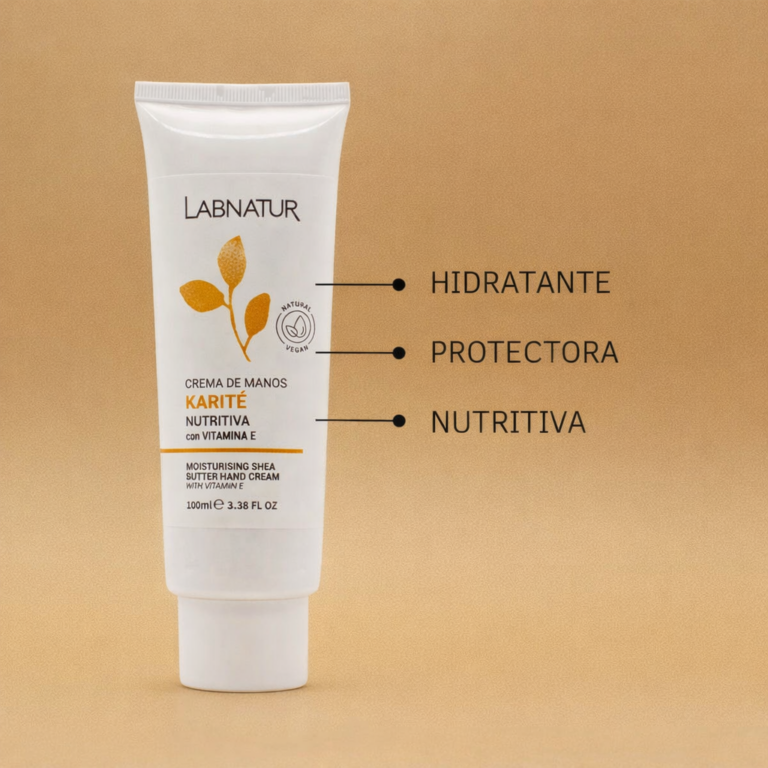Crema de Manos Manteca de Karité 100ml Labnatur con los textos hidratante, protectora y nutritiva