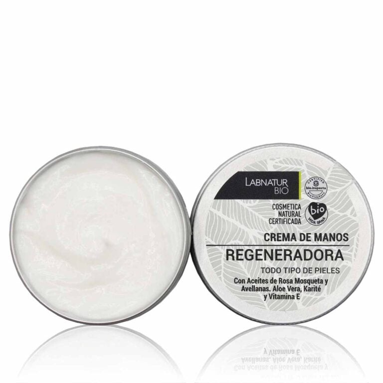 Crema de Manos Regeneradora Labnatur Bio 50ml abierta mostrando su textura cremosa y envase metálico.