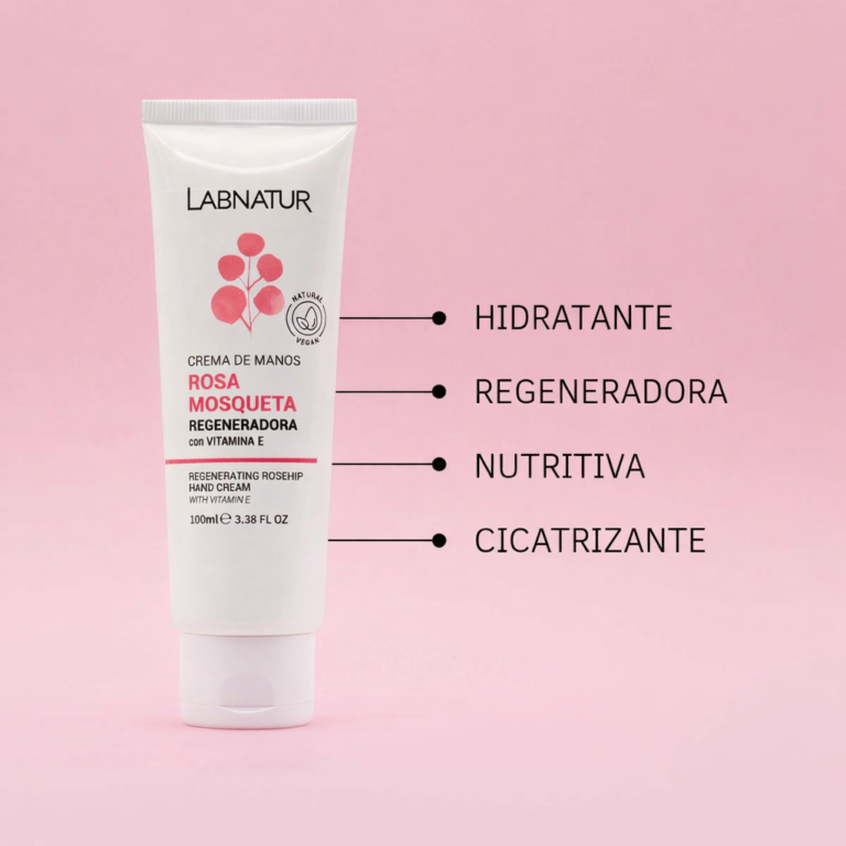 Crema de Manos Rosa Mosqueta 100ml Labnatur con los textos hidratante, regeneradora, nutritiva y cicatrizante