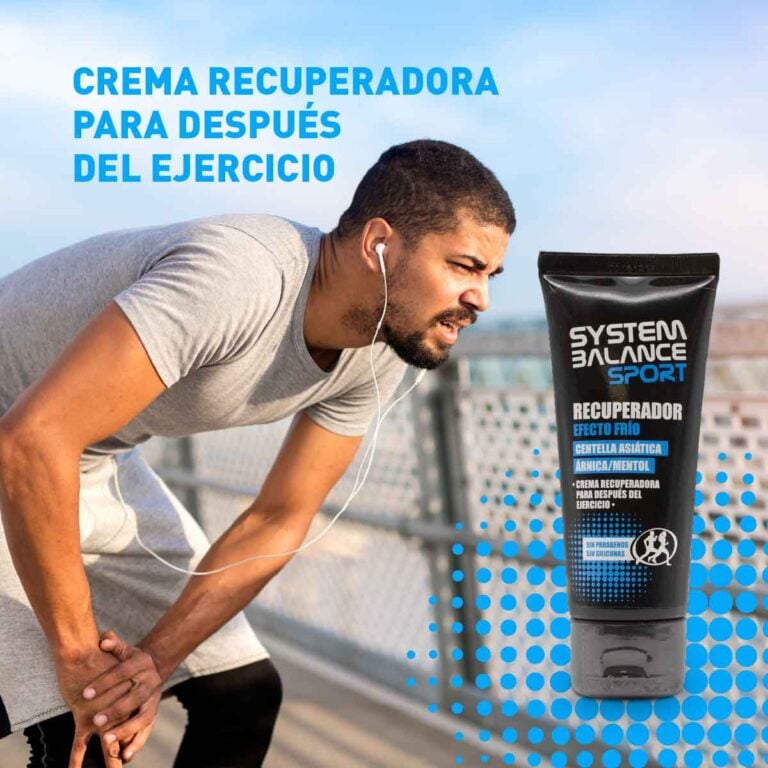 Deportista junto a Crema Recuperadora System Balance Sport efecto frío para después del ejercicio.