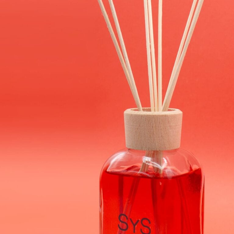Primer plano del Ambientador Mikado Frutos Rojos 220ml SYS Aromas con líquido rojo, tapón de madera y varillas