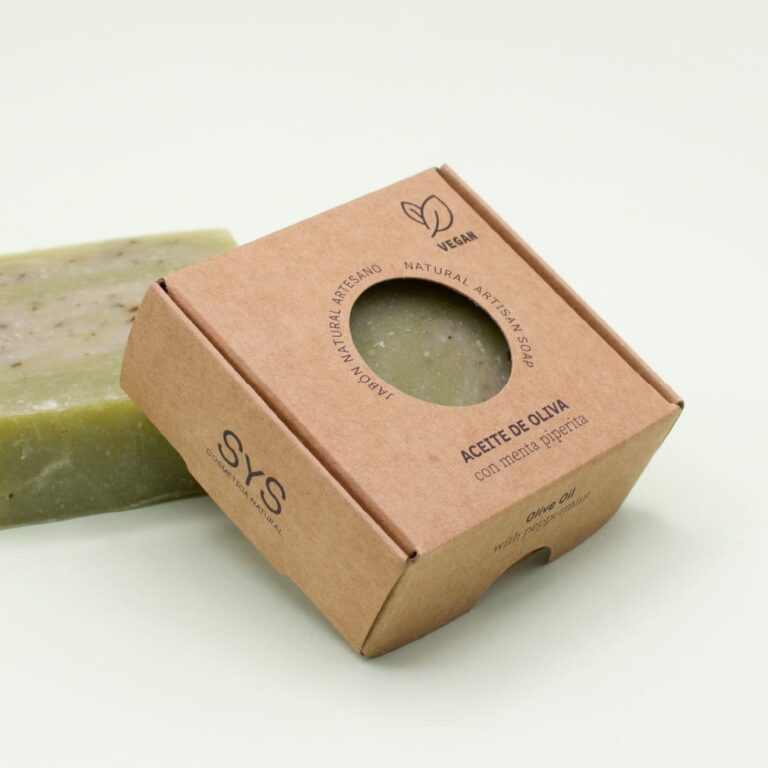 Estuche kraft de Jabón Natural Artesano Aceite de Oliva 100g Labnatur con ventana circular y pastilla verde al fondo