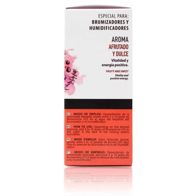 Lateral del envase de Esencia Hidrosoluble Frutos Rojos 50ml con aroma afrutado y modo de empleo