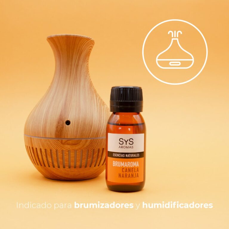 Esencia Hidrosoluble Canela-Naranja 50ml SYS Aromas junto a un brumizador con acabado de madera