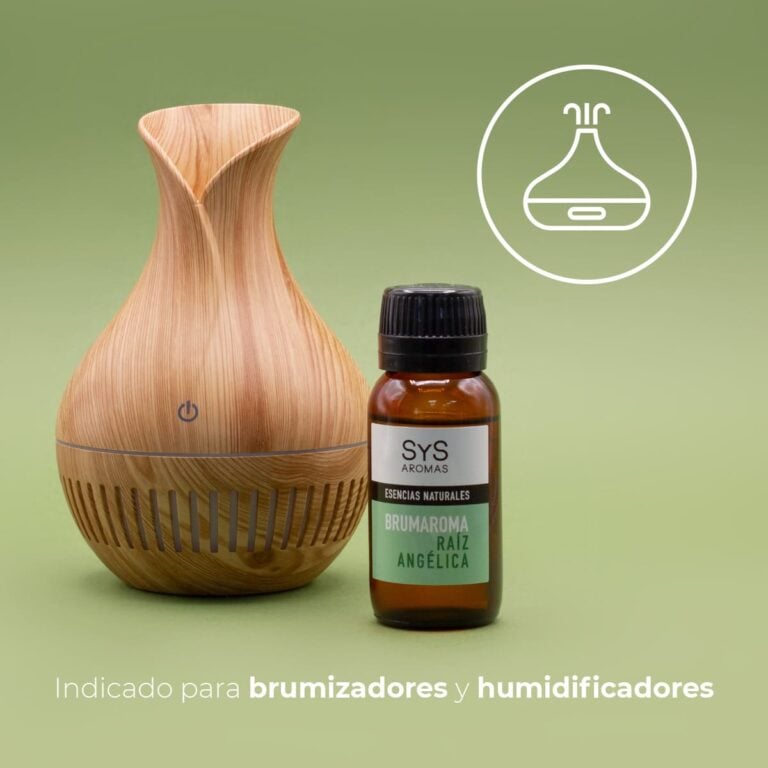 Esencia Hidrosoluble Raíz Angélica 50ml SYS Aromas junto a un humidificador efecto madera