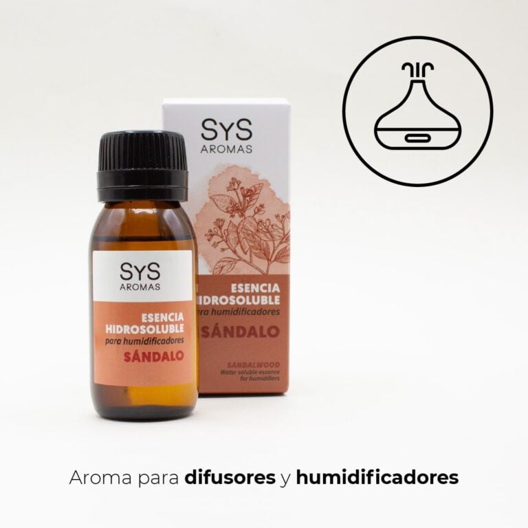 Esencia Hidrosoluble Sándalo 50ml SYS Aromas con frasco estuche e icono de difusor