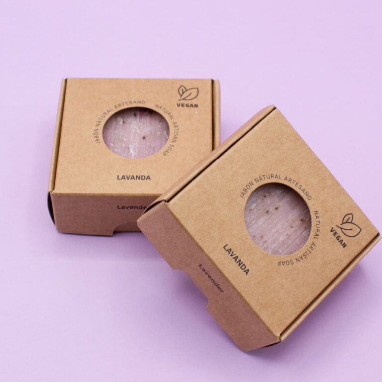 Dos estuches kraft de Jabón Natural Artesano Lavanda 100g Labnatur con ventanas circulares y sellos veganos