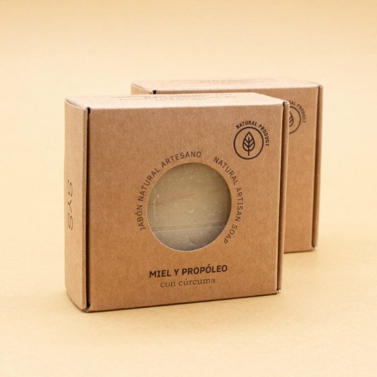 Dos estuches kraft de Jabón Natural Artesano Miel y Propóleo 100g Labnatur con ventanas circulares
