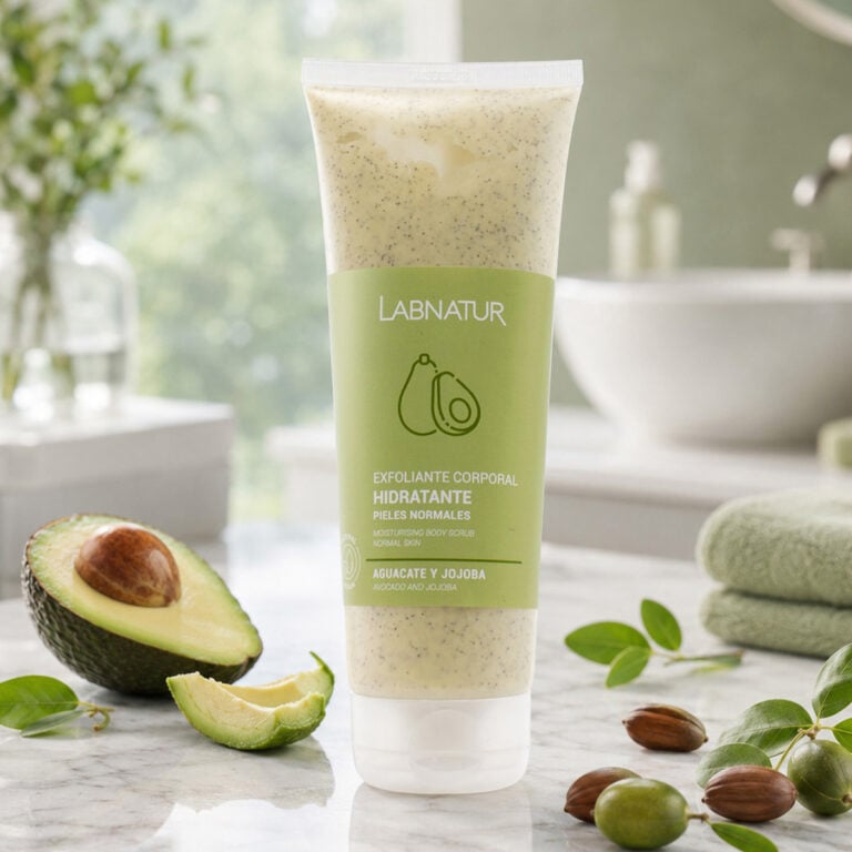 Exfoliante Corporal Aguacate y Jojoba 250ml Labnatur en un baño junto a aguacate, frutos de jojoba y toallas