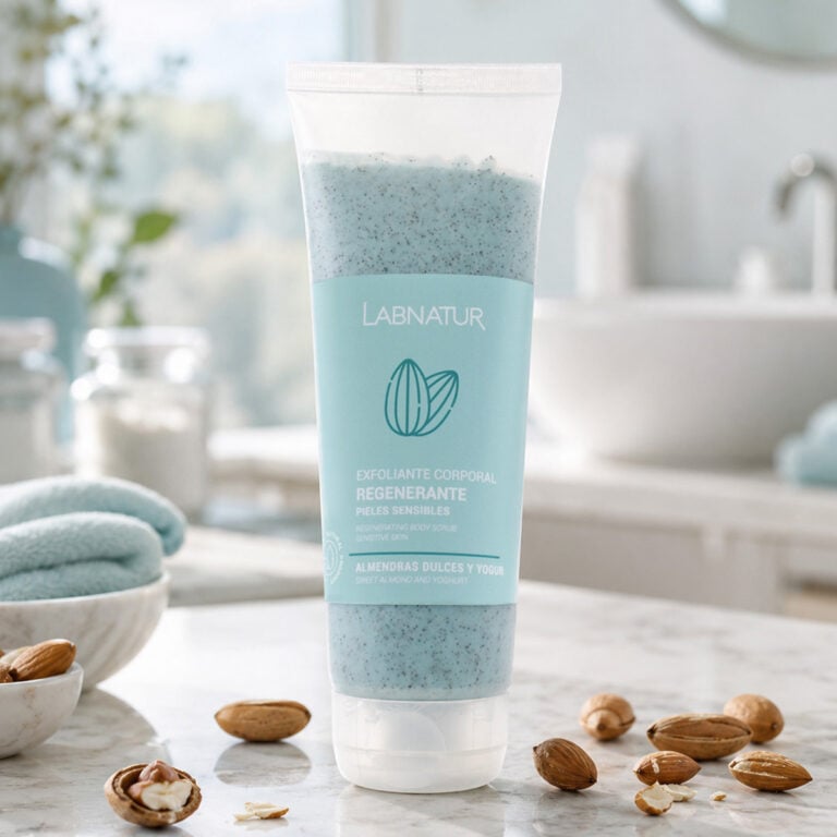 Exfoliante Corporal Almendras Dulces y Yogur 250ml Labnatur en un baño junto a almendras y toallas