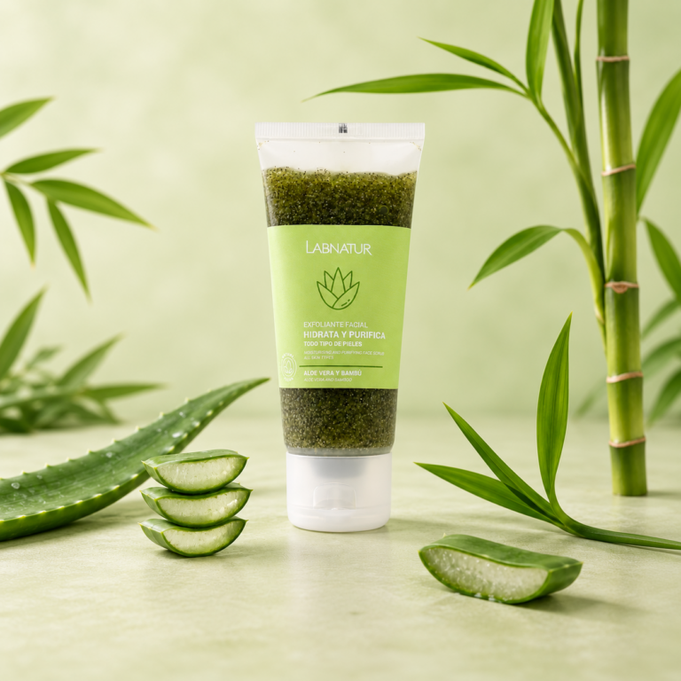 Exfoliante Facial Aloe Vera y Bambú 100 ml Labnatur con aloe vera y bambú, exfoliante natural y vegano que hidrata, purifica y refresca la piel.