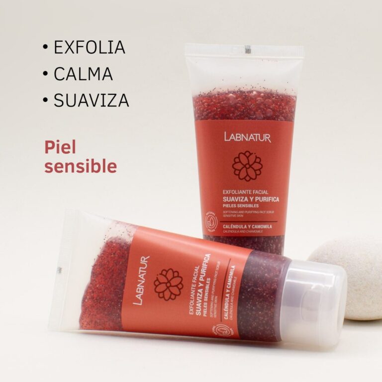 Dos envases de Exfoliante Facial Caléndula y Camomila 100ml Labnatur con los mensajes exfolia, calma y suaviza