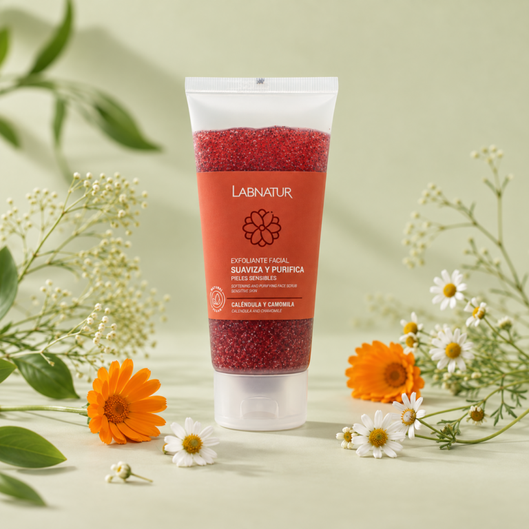Exfoliante Facial Caléndula y Camomila 100 ml Labnatur con flores de caléndula y camomila, producto natural y vegano para piel sensible.