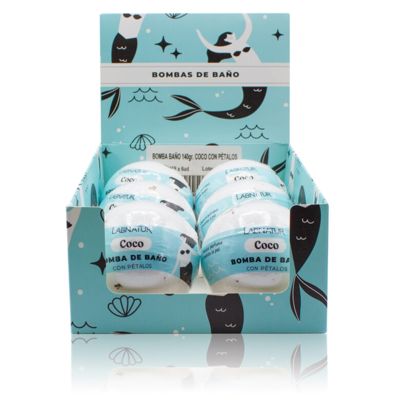 Expositor Labnatur con seis Bombas de Baño Coco con Pétalos 140g en envases individuales