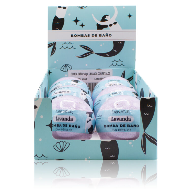 Expositor Labnatur con seis Bombas de Baño Lavanda con Pétalos 140g en envases individuales