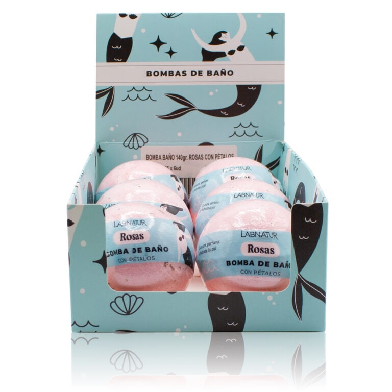 Expositor Labnatur con varias Bombas de Baño Rosas con Pétalos 140g en envases individuales