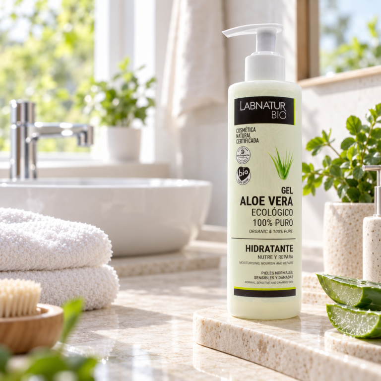 Gel Aloe Vera Ecológico 100% Puro 250 ml Labnatur Bio en un baño luminoso junto a hojas de aloe vera.