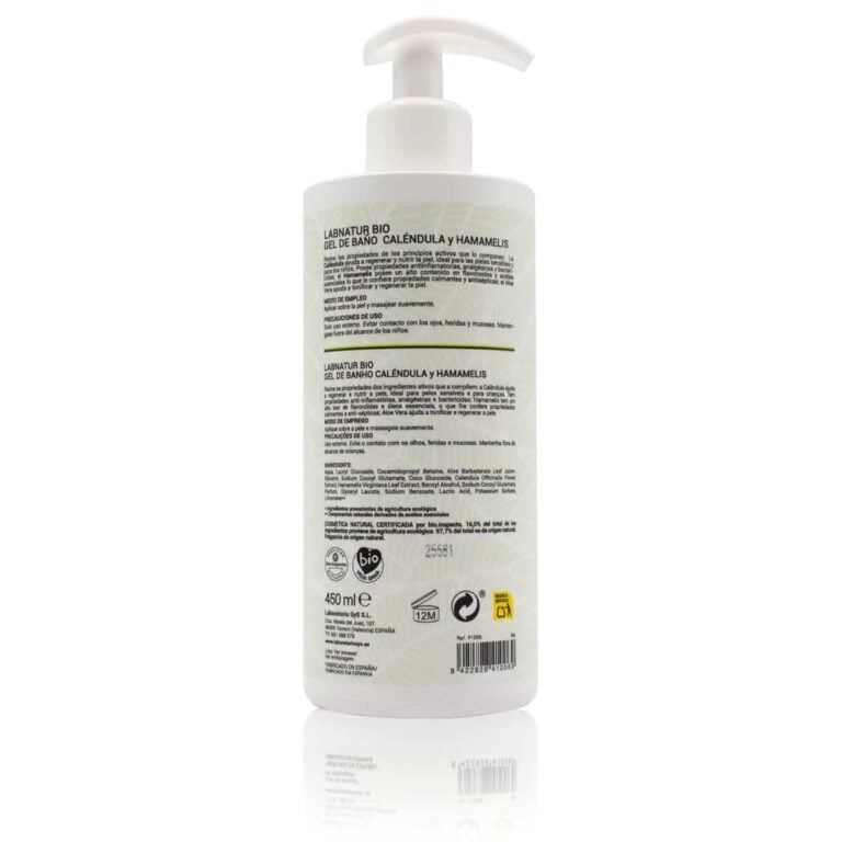 Vista posterior del Gel de Ducha Caléndula y Hamamelis 450ml Labnatur Bio con dosificador blanco