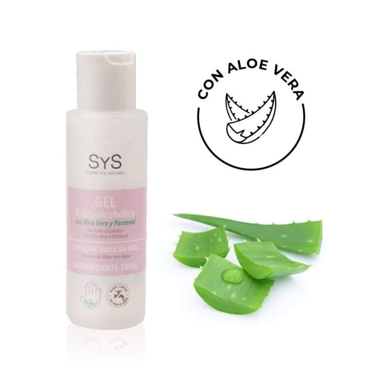 Gel hidroalcohólico Aloe Vera y Pantenol 100ml SYS junto a hojas frescas de aloe vera