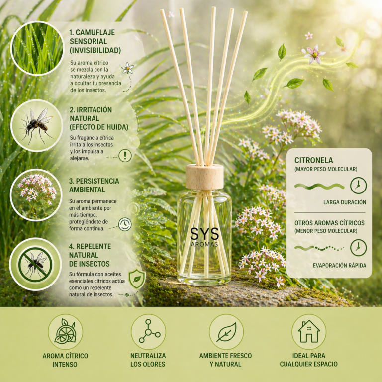 Infografía de citronela SYS Aromas con difusor mikado y propiedades aromáticas frente a insectos