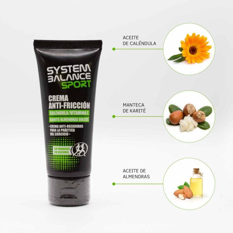 Ingredientes de la Crema Anti-Fricción System Balance Sport con caléndula, manteca de karité y aceite de almendras.