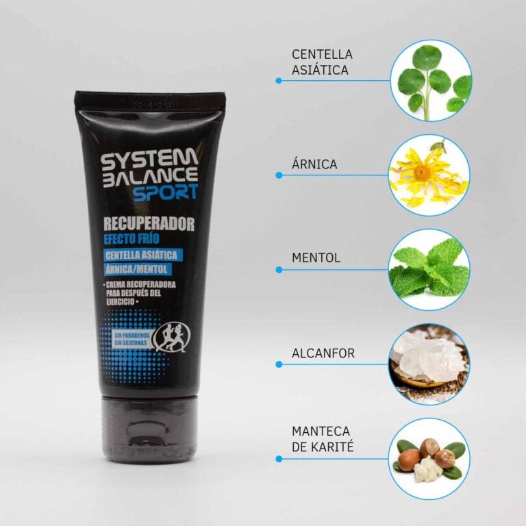 Ingredientes de la Crema Recuperadora System Balance Sport con centella asiática, árnica, mentol, alcanfor y manteca de karité.