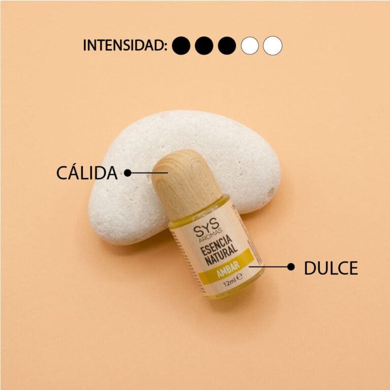Esencia Ámbar 12ml SYS Aromas junto a piedra blanca con aroma cálido y dulce e intensidad tres de cinco