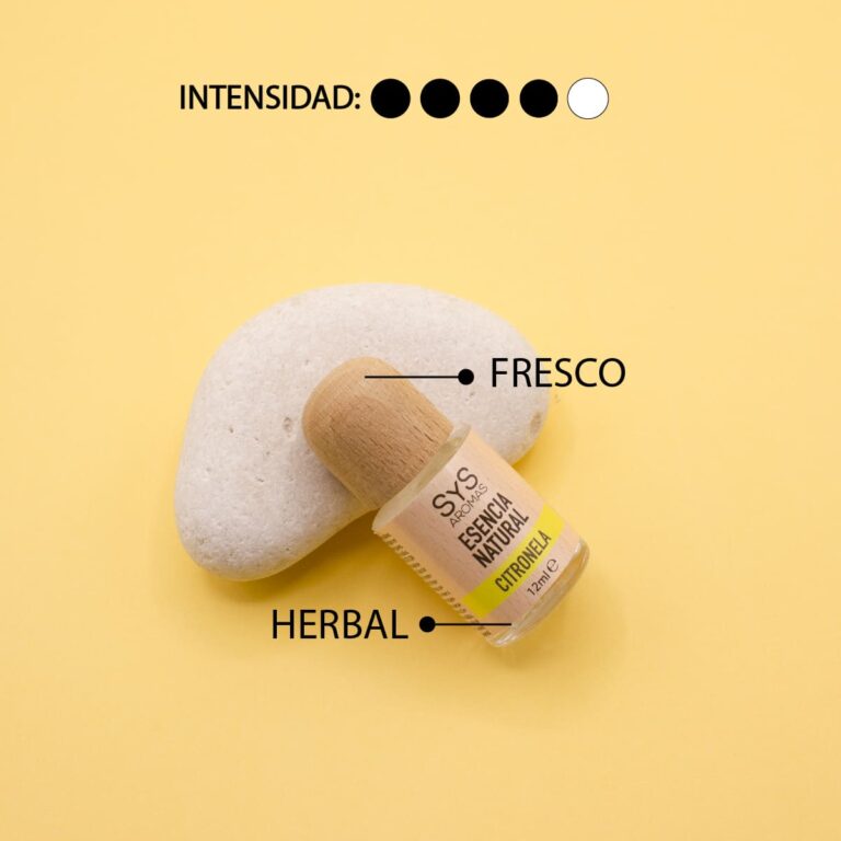 Esencia Citronela 12ml SYS Aromas junto a piedra blanca con aroma fresco y herbal e intensidad cuatro de cinco