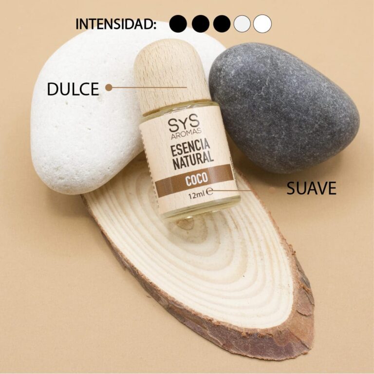 Esencia Coco 12ml SYS Aromas sobre madera con piedras decorativas aroma dulce y suave e intensidad tres de cinco