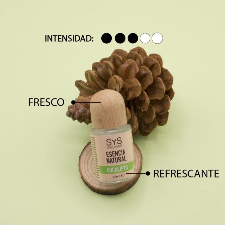 Esencia Eucalipto 12ml SYS Aromas sobre madera con piña decorativa aroma fresco y refrescante e intensidad tres de cinco