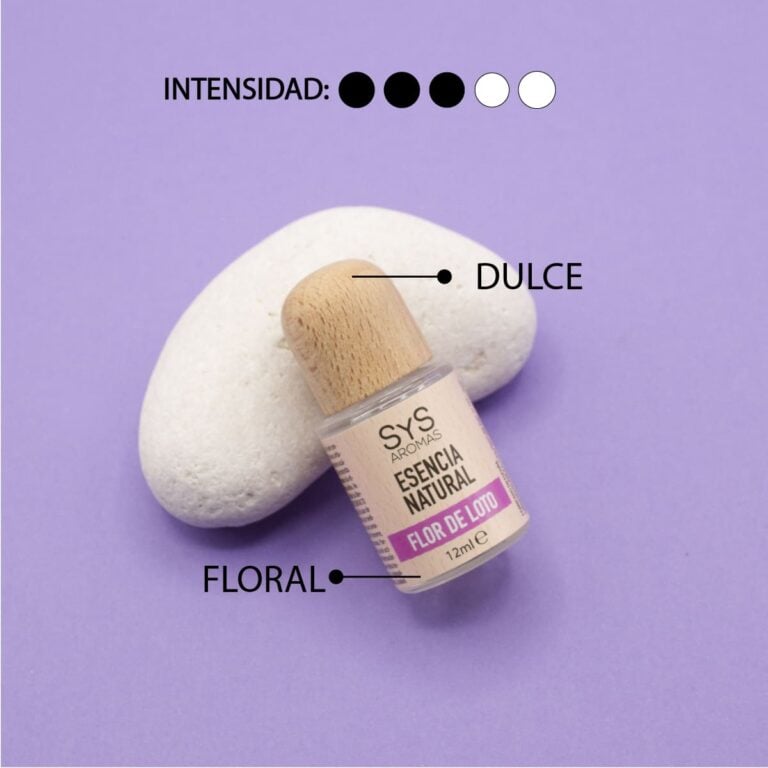 Esencia Flor de Loto 12ml SYS Aromas junto a piedra blanca con aroma dulce y floral e intensidad tres de cinco